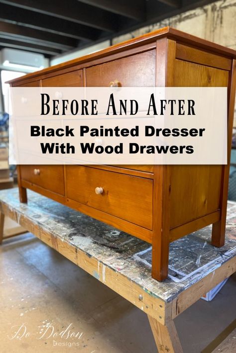 Wood Dresser With Black Drawers, Dresser Flip Black And Wood, Dresser Makeover Black And Wood, Paint And Stain Dresser, Black And Wood Dresser Makeover, Stain Dresser Diy, Black And Wood Dresser, Black Dresser Diy, Dresser Makeover Black