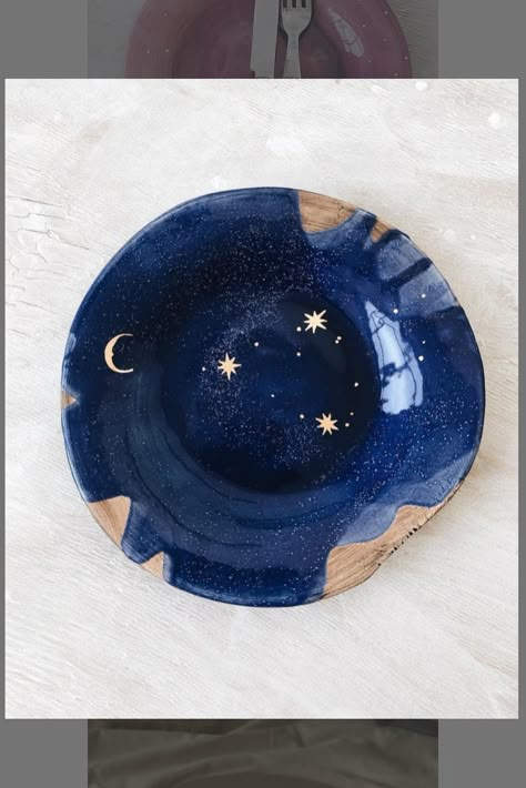 Pottery Painting Night Sky, Astrology Pottery, Moon Pottery Painting, Celestial Ceramics, Space Ceramics, Moon Pottery, Ceramic Moon, Diy Pottery Painting, Color Me Mine