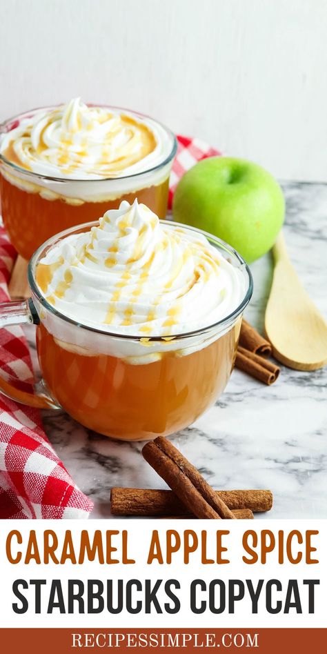 Starbucks Apple Spice Drink, Caramel Apple Spice Starbucks Recipe, Best Apple Cider Recipe, Spiced Apple Juice Recipe, Movie Night Drinks, Starbucks Caramel Apple Spice, Apple Juice Drinks, Diy Caramel, Warm Drinks Recipes