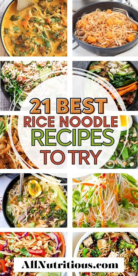 Discover the ultimate guide to rice noodles, showcasing the lunches and dinners you will love. From mouth-watering noodle soup recipes, to tantalizing salads and stir-frys, dive in and uncover the secret to crafting the best recipes ever! Brown Rice Noodle Recipes Healthy, Thai Recipes With Rice Noodles, Ramen Noodle Recipes Shrimp And Sausage, Noodle Meal Ideas, Rice Noodle Dinner Recipes, Rice Noodle Dinner, Soups With Rice Noodles, Chicken Rice Noodle Soup, Asian Recipes With Rice Noodles