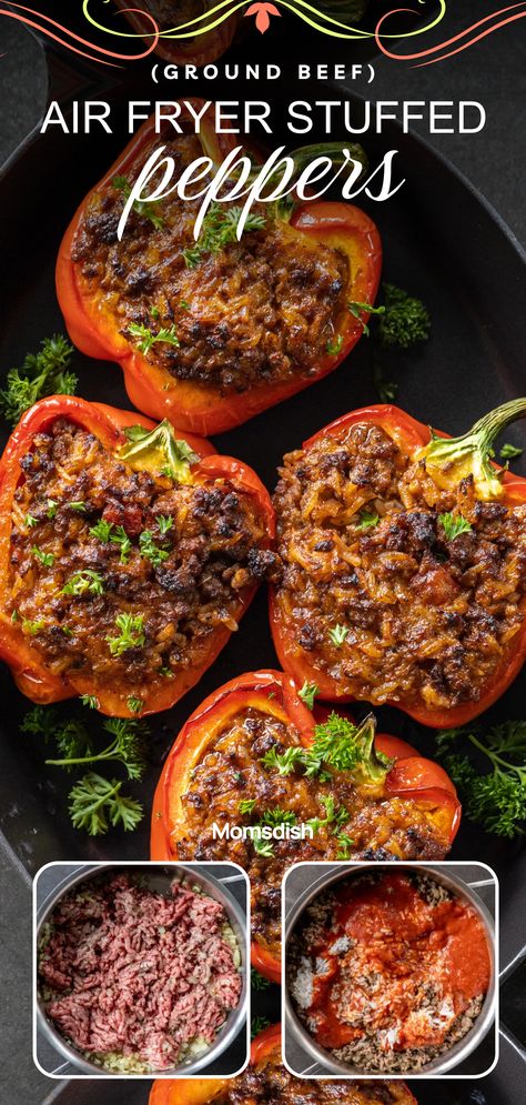 These air fryer stuffed peppers feature sweet bell peppers and savory meat, cooking in a fraction of the time compared to baking. Air Fryer Stuffed Peppers Beef, Airfryer Stuffed Peppers, Stuffed Bell Peppers Air Fryer, Stuffed Peppers Air Fryer, Stuffed Peppers Ground Beef, Air Fryer Stuffed Peppers, Peppers Ground Beef, Stuffed Bell Peppers Ground Beef, Stuffed Peppers Beef