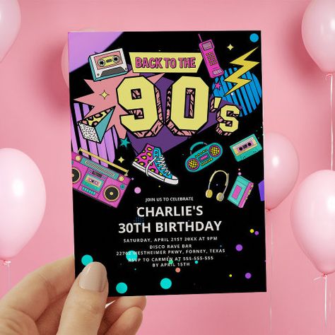 $2.92 | Back to the 90s Modern Retro Neon 30th Birthday | Birthday Invitations | retro, 90s, funky, memphis, neon, cassette tape, arcade, y2k, laser, glow 30th Birthday Bash, Bunny Invitations, 90s Theme Party, Back To The 90s, Neon Birthday, 90's Birthday Party, Retro Neon, Modern Birthday, 30th Birthday Invitations