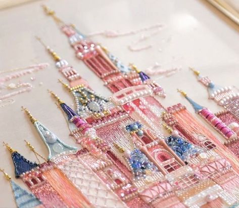 Disney Castle Embroidery, Castle Embroidery, French Embroidery, Diy Embroidery Patterns, Bead Embroidery Patterns, Pola Sulam, Bead Embroidery Jewelry, Sewing Embroidery Designs, 자수 디자인