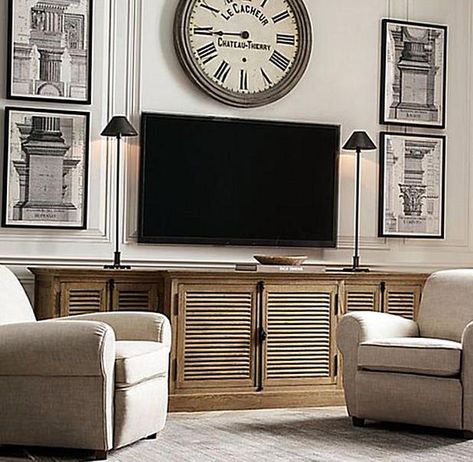 Large Tv Wall Ideas Living Room, Clock Decor Living Room, Decorate Tv Wall, Wall Clock Decor Living Room, Large Wall Decor Living Room, Modern Classic Living Room, Decor Around Tv, Wall Clock Decor, Condo Living Room