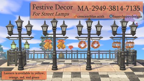 Some seasonal decor for the new street lamps! The lantern is available in 4 different colors. Hope you like! : ACQR Animal Crossing Fall Codes, Acnh Halloween Code, Acnh Custom Designs, Autumn Banner, Halloween Street, Halloween Lamps, Street Banners, Fall Lantern, Wreath Pumpkin