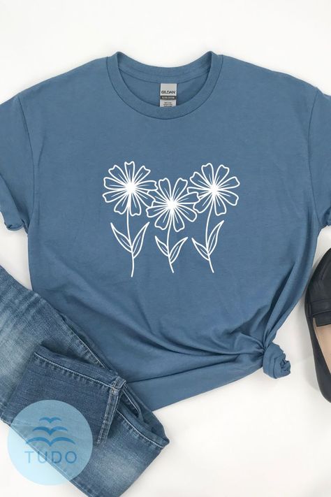 Wildflower Shirt Flower Design Tshirts, Flowers Tshirt Design, Cute Vinyl Shirts Women Flowers, Botanical Style Floral Embroidery T-shirt For Spring, Floral Tees, Wildflower T Shirt, Clothes Painting, Women Nature, Wildflower Shirt