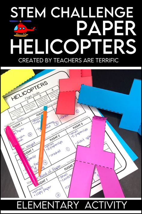 STEM Challenge- students experiment with changing a basic paper helicopter. After testing many variable, they use their data to students will design the ultimate helicopter. Stem Airplane Challenge, Foil Boats Stem Challenge, Flight Stem Challenges, Agenda Board, Paper Tower Stem Challenge, Engineering Challenges For Kids, Paper Helicopter, Stem Lab, Engineering Design Process