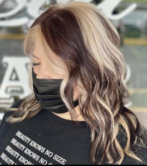 Bold Blonde Hair Color Ideas, Edgy Hair Color Ideas Blondes, Blonde And Brown Hair Color Two Toned, Witchy Hair Color, Two Tone Hairstyle, Cherry Red Highlights, Witchy Hair, Edgy Hair Color, Color Block Hair