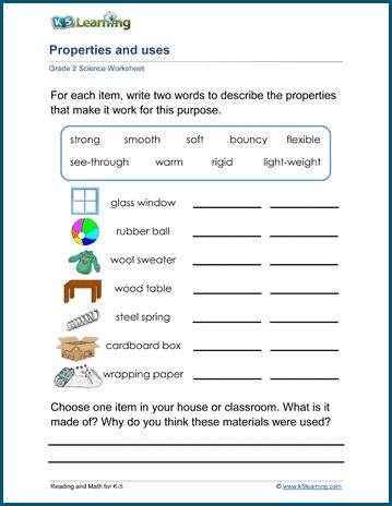 Material properties and uses worksheets - students relate materials' properties to their end uses. Free | Printable | Grade 2 | Science | Worksheets Material Properties Worksheet, Properties Of Materials Grade 1, Science Grade 2 Worksheets, Science Worksheets Grade 2, Properties Of Materials Worksheet, Grade 2 Science Worksheets, Fun Science Worksheets, Science Project Models, Free Science Worksheets