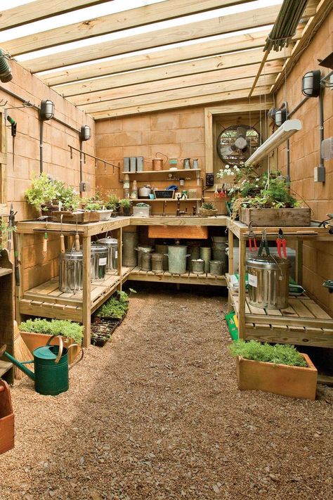 28 Brilliant And Inspiring Storage Ideas For Your Potting Shed Garden Shed Plans Free, Tiny Garden Shed Ideas, Greenhouse Storage Ideas, Potting Shed Ideas, Potting Shed Interior Ideas, Garden Shed Interiors, Potting Benches, Storage Shed Organization, Outdoor Greenhouse