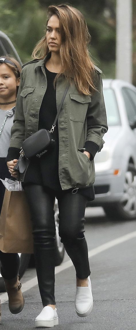 Jessica Alba's Stylish $40 Jacket Is Still Available  via @WhoWhatWear Olive Green Cargo Jacket Outfit, Current Casual Outfits, Khaki Leather Leggings Outfit, Olive Cargo Jacket Outfit, Green Parka Jacket Outfit, Khaki Green Jacket Outfit Women, Khaki Green Jacket Outfit, Olive Jacket Outfits For Women, Olive Jacket Outfit Winter