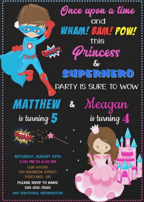 Once upon a time and WHAM! BAM! POW! This two theme Superhero and Princess birthday invitation for two kids is for shared joint birthday party! afflink Sibling Birthday Parties, Combined Birthday Parties, Superhero Birthday Invitations, Princess Birthday Invitations, Twins 1st Birthdays, Twice As Nice, Twin Birthday, Kids Party Supplies, Pink Invitations