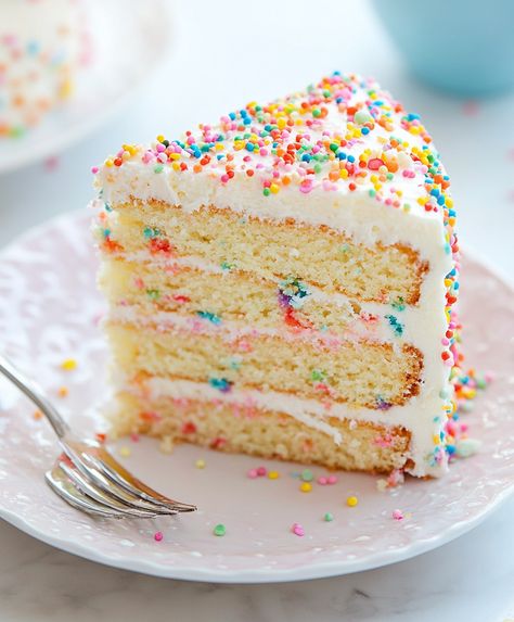 Bright and festive Confetti Layer Cake bursting with colorful sprinkles. Perfect for birthdays or celebrations. Easy to bake and delicious! Sprinkle Covered Cake Birthday, Vegan Confetti Cake, Confetti Cake Decorating Ideas, Funfetti Cake Aesthetic, Easy Confetti Cake, Confetti Cake Recipe, Funfetti Layer Cake, Birthday Cake With Sprinkles, Confetti Birthday Cake