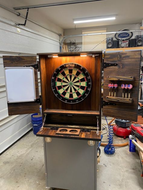 Dart Board Cabinet Ideas, Wooden Dart Board, Backyard Dart Board Ideas, Backboard For Dart Board, Diy Dart Board Cabinet, Dart Board Cupboard, Dart Room Ideas, Diy Dart Board Backing, Dart Board Ideas