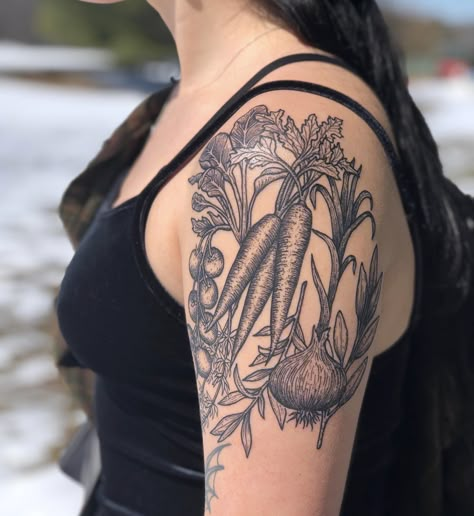 Vegetable Sleeve Tattoo, Vegetable Tattoo Sleeve, Fruit And Vegetable Tattoo, Bouquet Garni Tattoo, Horticulture Tattoo, Vegetable Garden Tattoo, Salad Tattoo, Allium Tattoo, Macro Tattoo