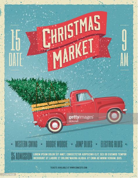 stock illustration : Vintage Styled Christmas Market Poster or Flyer Template with retro red pickup truck with christmas tree on board. Vector illustration. Christmas Fair Poster, Christmas Market Poster, Christmas Poster Design, Truck With Christmas Tree, Red Pickup Truck, Freelance Design, Christmas Graphic Design, Poster Christmas, Japan Illustration