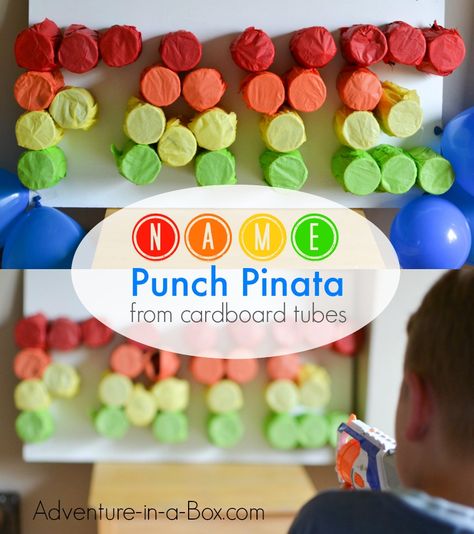 Name Punch Pinata from Cardboard Rolls Rainbow Punch Pinata, Punch Pinata, Abc Birthday Parties, Pinata Game, Rainbow Punch, Kids Punch, Birthday Pinata, Cardboard Rolls, Piñata Ideas