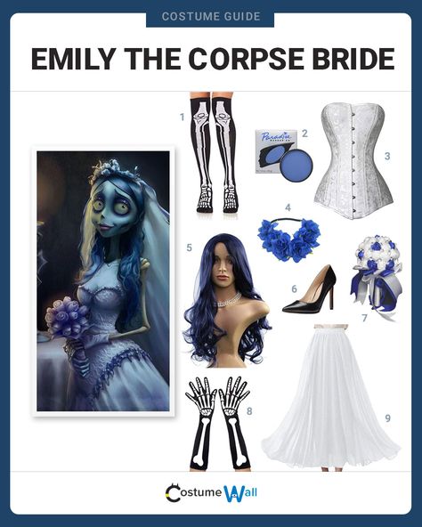 The best costume guide for dressing up like Emily the Corpse Bride. Cosplay the character from Tim Burton's 2005 stop-motion film. Tim Burton Corpse Bride Costume, The Corps Bride Costume, Tim Burton Character Halloween Costumes, Halloween Corpse Bride Costume, Corpes Bride Cosplay, Corps Bride Halloween Costume, Corpse Bride Halloween Costume Diy, Emily Costume Corpse Bride, Corpse Bride Outfit Ideas