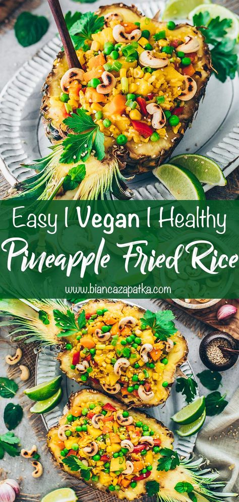 Thai Pineapple Fried Rice This easy Thai Pineapple Fried Rice is gluten-free, vegan (meat-less, egg-less) and bursting with delicious sweet, spicy, and tangy flavors! A scrumptious Asian side dish with a tropical flair easily done in just 30 minutes using one pot only. Vegan Pineapple Fried Rice Recipe, Tropical Vegan Recipes, Vegan Pineapple Fried Rice, Pineapple Rice Recipes, Fried Rice Vegan, Thai Pineapple Fried Rice, Pineapple Fried Rice Recipe, Vegetarian Rice Recipes, Pineapple Curry