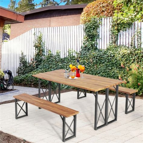 6 Person Outdoor Patio Dining Table Set with 2 Inch Umbrella Hole - Bed Bath & Beyond - 37563805 Metal And Wood Picnic Table, Outdoor Patio Dining Table, Wide Table, Picnic Table Bench, Patio Picnic, Outdoor Patio Dining, Table And Bench Set, Table Bench, Bench Set