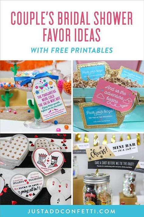 These 5 Couple's Bridal Shower Favor Ideas will inspire you to send your guests home with a unique shower favor to enjoy long after the celebration! Each idea comes with a free printable design! #bridalshowerfavors #bridalshower #couplesshower #freeprintables #showerfavors Couples Wedding Shower Favors, Couples Wedding Shower Themes, Couples Shower Favors, Bridal Shower Favor Ideas, Couples Shower Gifts, Wedding Shower Brunch, Bridal Shower Favors Diy, Bridal Shower Prizes, Shower Activities