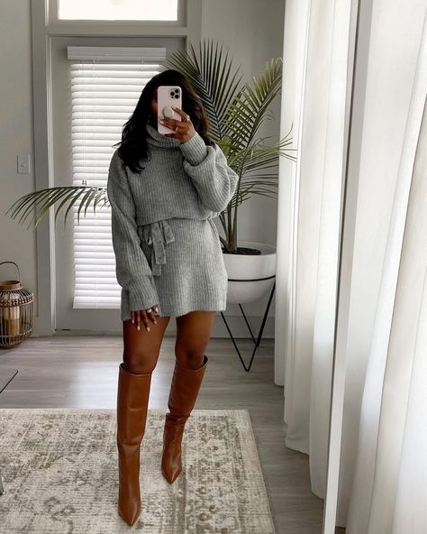 Brittney Cherelle, Outfits Knee High Boots, Fall Boots Outfit, Winter Boots Outfits, Cozy Sweater Dress, Sweater Dress Outfit, Tan Boots, Soft Classic, Fly Girl