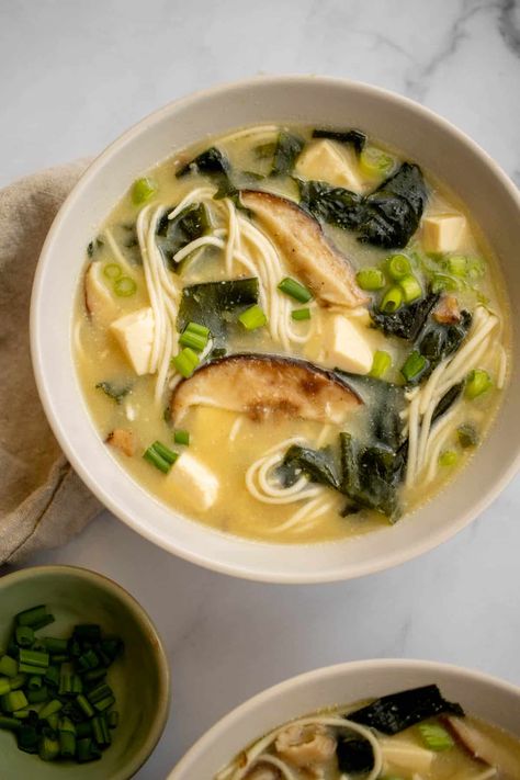 This Japanese-inspired Mushroom Miso Noodle Soup is a savory and delicious vegetarian meal that’s ready in about 20 minutes. You only need one pot to make it, so cleanup is really easy, too! Mushroom Miso Soup, Mushroom Miso, Tofu Miso Soup, Best Mushroom Soup, Miso Noodle Soup, Soup With Mushrooms, Creamy Soups, Miso Soup Recipe, Mushroom Soup Recipes