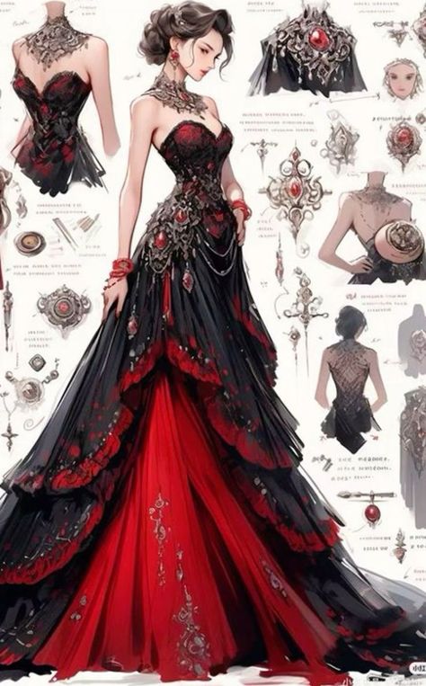 Scarlet Dress, Eclectic Prints, Dreamy Gowns, Skirts Flowy, Dress Design Drawing, Flowy Dresses, Clothing Design Sketches, Fantasy Dresses, Fashion Drawing Dresses