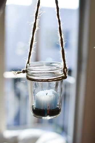 Mason Jar Hanging Lanterns | Yarns and Buttons Hanging Jars With Twine Diy, Mason Jar Hanger, Mason Jar Hanging, Jar Hanging, Hanging Jars, Mason Jar Lanterns, Mason Jar Bathroom, Hanging Mason Jars, Concrete Vases