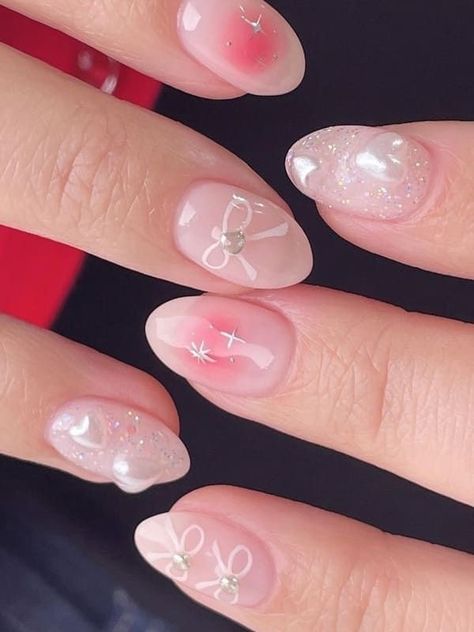 Aesthetic Short Natural Nails, Cheek Nails Korean, Gel Nails With Charms, Korean Pink Nails, Nails Cute Korean, Pink Nails Korean, Gel Nails Korean, Pink Korean Nails, Blush Nails Korean