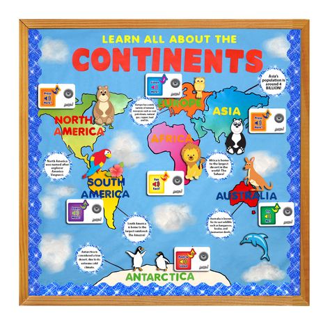 Bulletin Board Inspiration! Teach your students about the continents using the poster sound recorder on your board! Continents Bulletin Board Ideas, World Map Bulletin Board Ideas, Social Studies Bulletin Board Ideas, Geography Bulletin Board, Social Studies Bulletin Boards, World Bulletin Board, History Bulletin Boards, Soft Board Decoration, General Knowledge For Kids