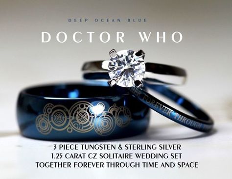 When two sci-fi geeks wed, they have a common interest that will give them plenty to talk about for the rest of their lives. And they might want to show their love with a Doctor Who-themed wedding ring set! Not only is this set beautiful, it bears the inscription &ldquo;Together forever through space and time.&rdquo; Get more details on the rings at Fashionably Geek. -via the Neatorama Facebook page.... Solitaire Wedding Set, Cz Wedding Ring Sets, Doctor Who Wedding, His And Her Wedding Rings, Forever Wedding, Wolfram, Matt Smith, Together Forever, Wedding Set