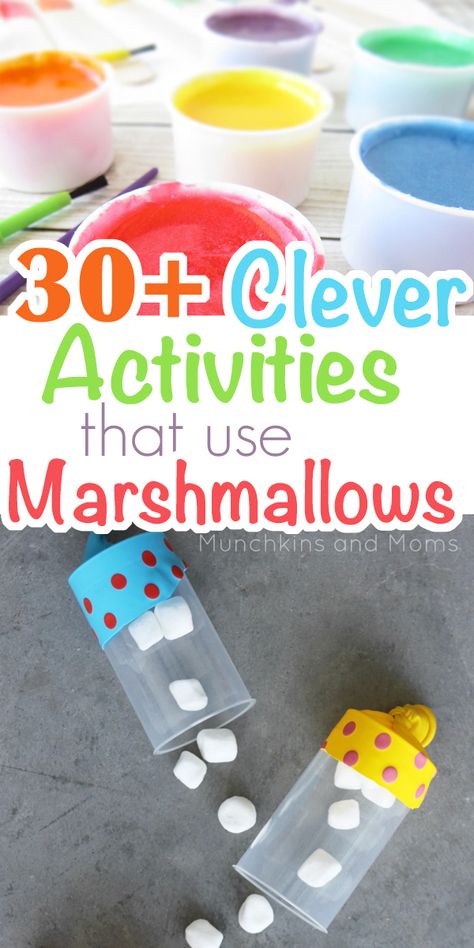 Use marshmallows for these 30+ fun activities! Great summer ideas for kids! Crafts With Marshmallows For Kids, Most Marshmallows Book Activities, Marshmallow Science Experiment, Marshmallow Crafts Preschool, Mini Marshmallow Crafts, Marshmallow Party Ideas, Marshmallow Activities For Kids, Smores Activities, Marshmallow Games For Kids