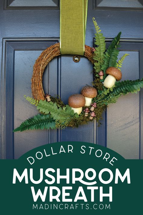 Fall Wreath With Mushrooms, Diy Fall Mushroom Decor, Fall Theme Home Decor, Diy Dollar Tree Mushrooms, Mushroom Christmas Wreath, Dollar Tree Cottagecore, Dollar Tree Tree Of Life Wreath Diy, Diy Mushroom Decor Crafts, Dollar Tree Mushroom Crafts