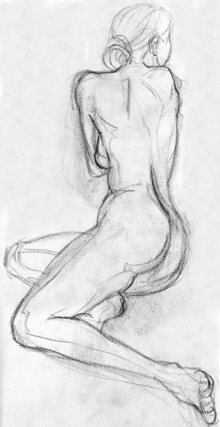 Woman Sitting Painting, Kneeling In Dress Reference, Nude Draws Ideas, Female Sketch Art, Female Sketch Drawing, Female Back Sketch, Women Back Drawing, How To Draw Woman Body Step By Step, Woman Sitting From Behind