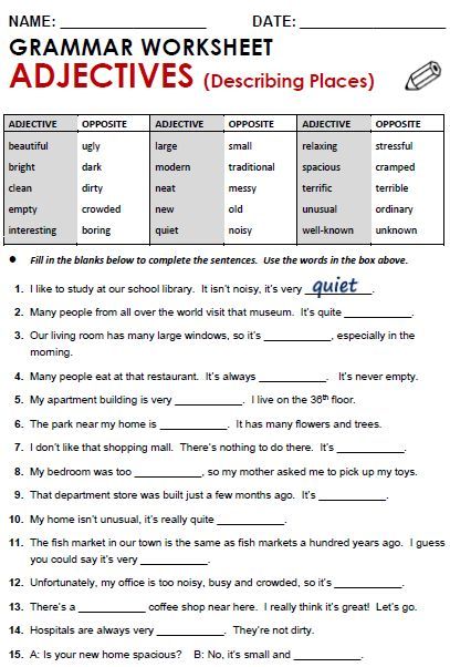 Adjectives - describing places Adjectives Describing Places, English Grammar Test, English Adjectives, Adjective Worksheet, Grammar Quiz, Grammar Exercises, Teaching English Grammar, English Grammar Worksheets, Grammar Activities