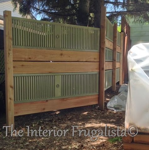 Old louvered bi-fold doors repurposed into a garden screen Repurposed Shutters Ideas Exterior, Old Bifold Doors Repurposed, Shutters Repurposed Outdoors, Louvered Door Ideas, Louvered Bifold Doors, Shutters Repurposed Decor, Repurposed Shutters, Cottage Shutters, Louvered Door