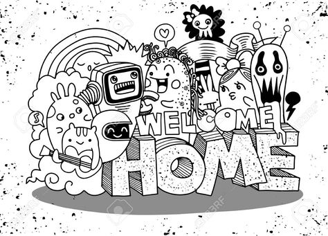 Welcome Home, Hipster Hand drawn Crazy doodle Monster group,drawing style. , #AD, #drawn, #Crazy, #Hand, #Home, #Hipster Welcome Home Drawing Ideas, Welcome Home Drawing, Group Drawing, Doodle Monster, Home Drawing, Monster Coloring Pages, Bear Coloring Pages, Drawing Style, App Design Inspiration