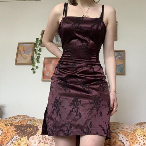 •stunning vintage 90s etam satin floral burgundy... - Depop 90s Velvet Dress Short, Y2k Romcom, 90s Velvet Dress, Life In Canada, Slip Dress Outfit, Velvet Dress Short, 90s Velvet, Goth Princess, Tumblr Grunge