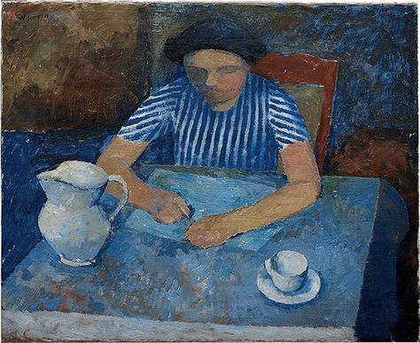 William Scott (1913-1989), Girl and Blue Table, 1938. Tate St Ives, Portrait Faces, Shadow Side, William Scott, English Modern, 15 February, Striped Dresses, 28 December, Figure Art