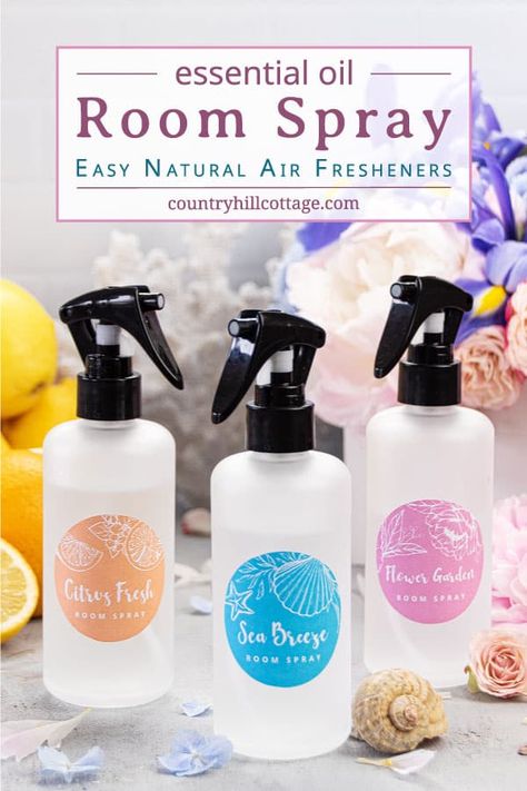 See how to make easy and quick homemade room spray with essential oils! Included are 3 different DIY scent air freshener recipes that makes your house smell amazing. These simple eco friendly and non toxic fragrance essential oil recipes show how to make your non-toxic and natural room deodorizer spray for home. The odor eliminator is made without rubbing alcohol, fabric softener or witch hazel. With tips for storage, packaging in spray bottles and printable labels. | countryhillcottage.com Diy Room Spray With Fragrance Oil, Diy Furniture Spray, Diy Essential Oil Room Spray, Diy Room Spray Essential Oils, Natural Room Deodorizer, Diy Aromatherapy Spray, Homemade Room Spray, Essential Oil Room Spray, Air Freshener Recipes