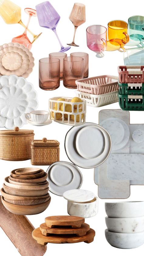 Collage of kitchenware that will be trending in the beginning of 2024. Items included are colourful, unique, and textured glassware. Wooden plates, bowls, trays and stands are included. Alone with scalloped edged plates and various marble items, Anthropology Home, Home Pottery, Kitchen Fridges, Urban Barn, H&m Home, 2024 Trends, City Apartment, Popular Items, Zara Home