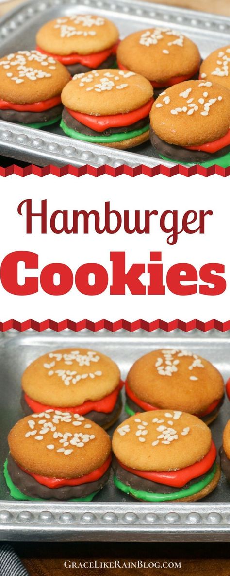 Hamburger Cookies are such a cute and fun treat for the summer BBQ season. But this recipe actually makes delicious cookies, too! These would be perfect for your next family get-together. Follow these keys to success for perfect results every time. | Hamburger cookies without coconut | Hamburger cookies with vanilla wafers | hamburger looking cookies | Cookies that look like hamburgers | how to make hamburger cookies | Hamburger Cookies that taste good | #Treats #Cookies #NoBake #Desserts #Recip Hamburger Dessert, Dessert Hamburgers, Things To Eat On Hamburger Buns, Hamburger Crafts For Kids, Vanilla Wafer Cookies Ideas, Vanilla Wafer Recipe Desserts, Novelty Desserts, Hamburger Cookies Vanilla Wafers, Hamburger Cake Pops