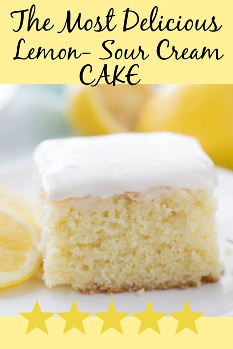 slice of lemon sour cream cake Lemon Sour Cream Cake Recipe, Lemon Cake With Sour Cream, Sour Cream Chocolate Cake Recipe, Cakes With Sour Cream Recipe, Sour Cream Cake Mix Recipe, Lemon Sheet Cake Recipe, Sour Cream Cake Recipe, Cake Sour Cream, Lemon Sheet Cake