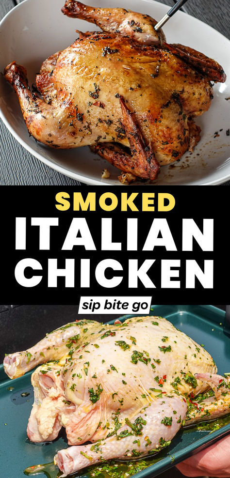 Traeger Smoked Italian Style Marinated Chicken before and after Smoked Whole Chicken Recipes, Traeger Whole Chicken, Italian Marinade, Smoker Recipes Chicken, Smoked Chicken Salad, Italian Dressing Chicken, Pizza Pasta Recipe, Smoked Whole Chicken, Traeger Smoker