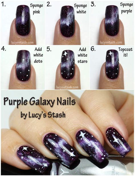 Purple Galaxy Nails with TUTORIAL feat. Zoya Payton Purple Galaxy Nails, Galaxy Nail Art, Unghie Sfumate, Unghie Nail Art, Space Nails, Makeup Nails Art, Purple Galaxy, Galaxy Nails, Beautiful Nail Designs