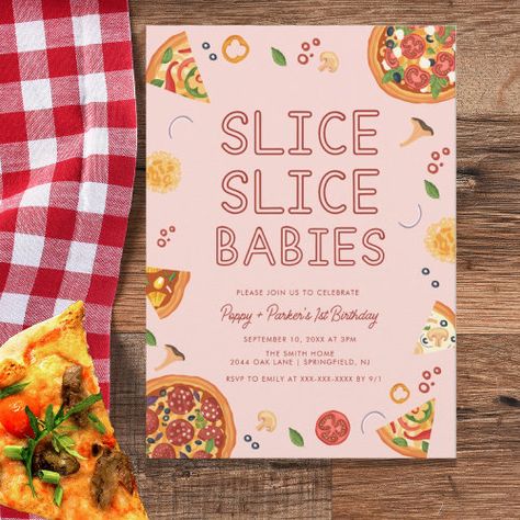 Modern Slice Slice Baby Twins Birthday #sliceslicebaby #modernpizzaparty #genderneutral #pizzaparty #firstbirthday #pizza #1st #girlfirstbirthday #loveyoutopizzas #twins Twin First Birthday Themes, Twin Birthday Themes, Pizza Birthday Party, Slice Slice Baby, Birthday Pizza, Pizza Party Invitations, Pizza Birthday, Twins Birthday, Baby Twins