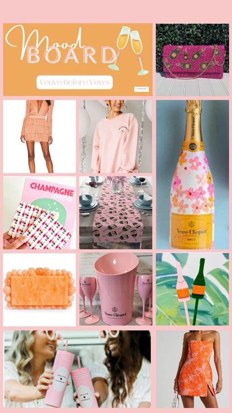 A collage showcasing a variety of products for a Veuve Before Vows themed bachelorette party. The image features orange & pink dress options, a pink beaded clutch adorned with green champagne bottles, and a pink champagne crewneck. Pink Veuve printed wine glasses and a champagne bucket add a touch of elegance, while a champagne bottle table runner and champagne-themed decor create a festive ambiance. An eye-catching orange acrylic Cult Gaia clutch & Press for Champagne buttons on pink tumblers. Veuve Before Vows Bachelorette, Chic Party Decor, Veuve Before Vows, Painted Champagne Bottle, Bridal Shower Theme Ideas, Ultimate Bachelorette Party, Bach Party Ideas, People Getting Married, Themed Bachelorette Party