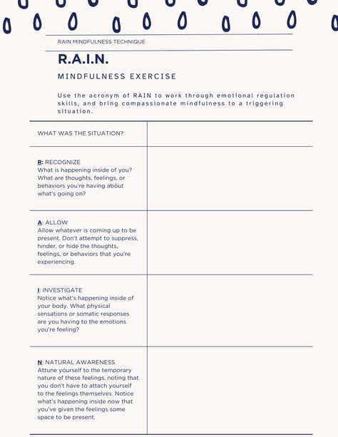 R.A.I.N. Recognize. Allow. Investigate. Natural awareness... Use the acronym of rain to guide you through a distressing situation, and see the benefits of this self-regulation technique. Rain Technique, Mindfulness Activities For Recovery, Mindfulness Worksheets For Adults, Grounding Technique Activities, Rain Therapy, Rain Technique Mindfulness, Counselling Tools, Counseling Worksheets, Dbt Skills