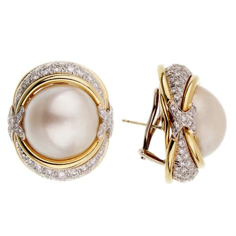 Verdura Vintage Gold, Platinum, Mabé Pearl And Diamond Earclips Available For Immediate Sale At Sotheby’s Platinum Earrings, Mabe Pearl, Pearl Jewellery, Pearl Diamond, Girls Jewelry, Gold Platinum, Jewelry Lover, Round Brilliant Cut Diamond, Pearl Ring